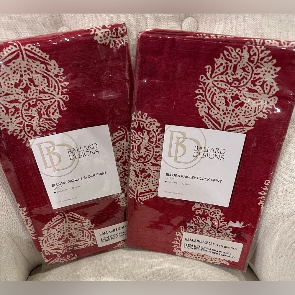 Ballard Designs Set of 2 Ellora Paisley Standard Pillow Shams Red Luxury *NEW*